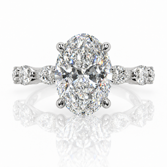 Four-Prong Oval Cut Engagement Ring with Marquise and Round Diamond Band