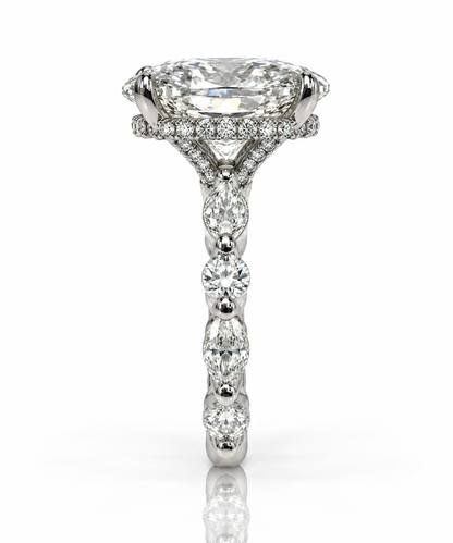 Four-Prong Oval Cut Engagement Ring with Marquise and Round Diamond Band